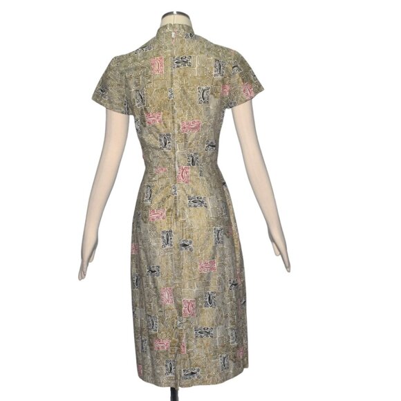 Vintage 50s 1950s Cheongsam Style Wiggle Dress Metallic Gold Intricate Print S M - Picture 5 of 9